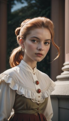 1girl,solo,long hair,looking at viewer,blue eyes,blonde hair,brown hair,shirt,long sleeves,dress,jewelry,closed mouth,white shirt,upper body,ponytail,earrings,frills,necklace,blurry,lips,grey eyes,blurry background,freckles,realistic,parted lips,mole,nose,pillar,mole on cheek