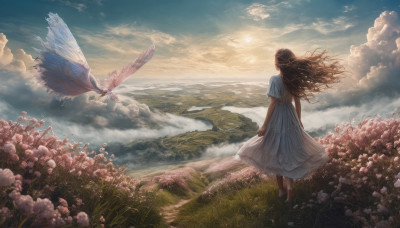 1girl, solo, long hair, brown hair, dress, standing, flower, short sleeves, outdoors, sky, barefoot, day, cloud, from behind, white dress, bird, cloudy sky, grass, scenery, mountain, sun, horizon, field, landscape