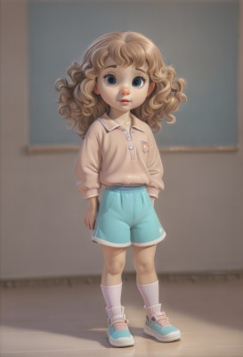 1girl,solo,long hair,looking at viewer,blue eyes,blonde hair,brown hair,shirt,long sleeves,standing,full body,shoes,shorts,socks,collared shirt,indoors,lips,loli,white socks,sneakers,child,blue shorts,curly hair,blue footwear,female child,bangs,simple background,parted lips,blurry,wavy hair,realistic