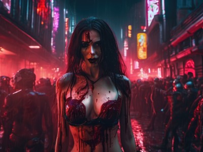 1girl,long hair,breasts,looking at viewer,large breasts,black hair,cleavage,bare shoulders,medium breasts,closed mouth,underwear,upper body,outdoors,multiple boys,solo focus,bra,blurry,lips,wet,blood,night,ground vehicle,black bra,building,motor vehicle,rain,blood on face,city,realistic,wet hair,blood on clothes,police,crowd,neon lights,6+others,brown eyes,collarbone,swimsuit,bikini,artist name,necklace,blurry background,watermark,web address,road,street,city lights