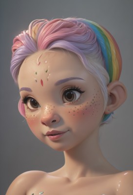 1girl,solo,looking at viewer,blush,smile,short hair,simple background,bare shoulders,brown eyes,jewelry,collarbone,pink hair,purple hair,nude,multicolored hair,hairband,earrings,parted lips,grey background,lips,eyelashes,makeup,facial mark,lipstick,portrait,forehead,freckles,realistic,nose,white background,upper body