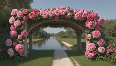 flower,outdoors,sky,day,water,tree,blue sky,no humans,rose,grass,plant,nature,scenery,pink flower,reflection,road,bush,pink rose,river,path,cloud,forest,bridge,lake,garden,reflective water