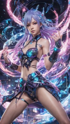 1girl,solo,long hair,breasts,looking at viewer,hair ornament,navel,cleavage,bare shoulders,jewelry,medium breasts,standing,purple eyes,purple hair,earrings,parted lips,midriff,nail polish,armor,lips,thigh strap,armlet,realistic,bikini armor,blue eyes,swimsuit,multicolored hair,watermark,fantasy