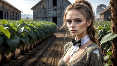 HQ,1girl,solo,long hair,breasts,looking at viewer,large breasts,brown hair,hair ornament,bow,cleavage,brown eyes,medium breasts,upper body,ponytail,outdoors,parted lips,day,bowtie,blurry,tree,lips,black bow,detached collar,leaf,plant,building,black bowtie,realistic,house,dirty,hair pulled back,blonde hair,green eyes,teeth,sunlight,scrunchie,scenery,garden