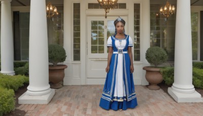 1girl,solo,long hair,looking at viewer,black hair,dress,jewelry,standing,full body,braid,short sleeves,belt,indoors,dark skin,necklace,dark-skinned female,window,blue dress,sandals,tiara,plant,pillar,brown hair,brown eyes,earrings,lips,potted plant,column