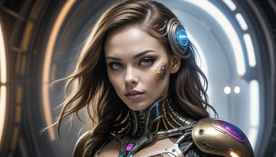 HQ,1girl,solo,long hair,looking at viewer,brown hair,hair ornament,brown eyes,green eyes,upper body,parted lips,mole,blurry,lips,bodysuit,makeup,blurry background,headgear,portrait,forehead,science fiction,realistic,nose,android,cable,cyborg,cyberpunk,teeth,eyelashes,facial mark,close-up,eyeshadow,eyeliner