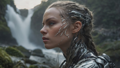 1girl, solo, long hair, blue eyes, parted lips, dark skin, blurry, from side, lips, profile, depth of field, blurry background, looking up, science fiction, realistic, nose