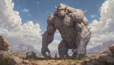 1girl,short hair,red eyes,1boy,standing,weapon,boots,outdoors,multiple boys,horns,sky,day,sword,cloud,2boys,bag,armor,looking at another,blue sky,muscular,cloudy sky,grass,scenery,claws,spikes,monster,rock,mountain,fantasy,size difference,giant,cape,bird,realistic,ruins