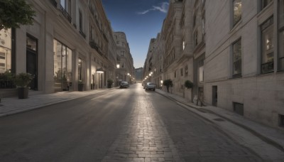 outdoors,sky,cloud,tree,blue sky,no humans,window,night,shadow,plant,ground vehicle,building,star (sky),night sky,scenery,motor vehicle,starry sky,city,sign,door,car,potted plant,road,lamppost,street,pavement,crosswalk,cloudy sky,bush,evening,vanishing point,sidewalk