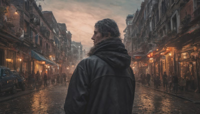 black hair, 1boy, jacket, male focus, outdoors, sky, solo focus, cloud, hood, dutch angle, facial hair, cloudy sky, ground vehicle, building, scenery, motor vehicle, beard, city, realistic, car, road, lamppost, street, vanishing point