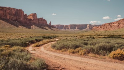 outdoors,sky,day,cloud,tree,blue sky,no humans,grass,nature,scenery,mountain,sand,road,field,landscape,path,hill,desert,rock,cliff