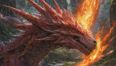 solo,open mouth,tail,outdoors,horns,teeth,day,tree,no humans,fangs,fire,sharp teeth,nature,scenery,forest,monster,rock,fantasy,dragon,scales,breathing fire,wings