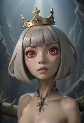 1girl,solo,breasts,looking at viewer,short hair,bangs,red eyes,jewelry,nipples,collarbone,upper body,white hair,grey hair,nude,small breasts,parted lips,shiny,blunt bangs,necklace,dark-skinned female,lips,eyelashes,tattoo,makeup,facial mark,piercing,bob cut,crown,spikes,medium breasts,teeth,sunlight,gem,pink lips