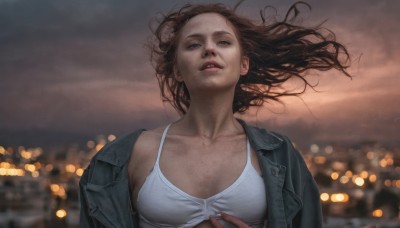 1girl,solo,long hair,breasts,looking at viewer,brown hair,cleavage,brown eyes,medium breasts,collarbone,jacket,upper body,outdoors,parted lips,open clothes,sky,teeth,blurry,black eyes,open jacket,lips,floating hair,depth of field,blurry background,wind,messy hair,realistic,denim jacket,open mouth,underwear,cloud,bra,black jacket,night,cloudy sky,denim,blue jacket,leather,bokeh,leather jacket,city lights