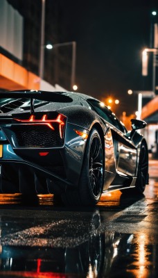 1girl,solo,black hair,1boy,hat,standing,jacket,male focus,outdoors,necktie,pants,blurry,black jacket,night,blurry background,ground vehicle,building,motor vehicle,reflection,car,road,vehicle focus,police,lamppost,street,police uniform,puddle,sports car,no humans,1other,rain,city