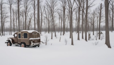 outdoors,tree,no humans,ground vehicle,nature,scenery,motor vehicle,snow,forest,car,winter,vehicle focus,bare tree,truck,day,road,footprints