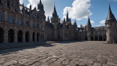 outdoors,sky,day,cloud,blue sky,no humans,shadow,cloudy sky,building,scenery,fantasy,road,architecture,castle,tower,path,arch,pavement,stone floor,city