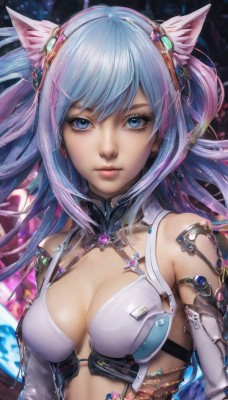 1girl,solo,long hair,breasts,looking at viewer,bangs,blue eyes,hair ornament,gloves,animal ears,cleavage,bare shoulders,medium breasts,closed mouth,blue hair,upper body,multicolored hair,elbow gloves,cat ears,lips,eyelashes,science fiction,realistic,pink hair,detached sleeves,gradient hair,expressionless,nose