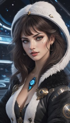 1girl,solo,long hair,breasts,looking at viewer,bangs,brown hair,hat,cleavage,brown eyes,jewelry,medium breasts,upper body,earrings,parted lips,open clothes,hood,mole,lips,coat,fur trim,eyelashes,mole under eye,makeup,gem,freckles,hoop earrings,nose,red lips,eyeliner,large breasts,jacket,teeth,artist name,necklace,open jacket,white headwear,lipstick,realistic