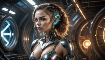 HQ,1girl,solo,long hair,breasts,looking at viewer,blue eyes,large breasts,brown hair,cleavage,medium breasts,upper body,ponytail,parted lips,armor,lips,bodysuit,makeup,lipstick,science fiction,realistic,nose,short hair,blonde hair,indoors,eyelashes,glowing,cable,cyborg,cyberpunk