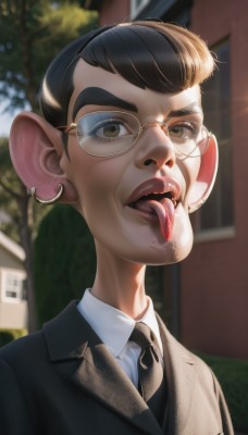 1girl,solo,looking at viewer,short hair,open mouth,shirt,black hair,1boy,brown eyes,jewelry,jacket,white shirt,upper body,male focus,earrings,outdoors,necktie,glasses,teeth,day,tongue,collared shirt,artist name,tongue out,blurry,tree,lips,black jacket,makeup,blurry background,piercing,formal,thick eyebrows,suit,portrait,black necktie,realistic,nose,round eyewear,undercut,animal ears,pointy ears,sunlight,building,ear piercing