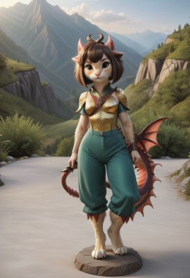 1girl,solo,breasts,looking at viewer,smile,short hair,bangs,brown hair,shirt,holding,animal ears,brown eyes,jewelry,closed mouth,standing,tail,full body,weapon,ahoge,short sleeves,sidelocks,small breasts,outdoors,wings,sky,barefoot,day,shiny,collared shirt,pants,artist name,cloud,cat ears,signature,holding weapon,armor,black eyes,shiny hair,bracelet,tree,blue sky,cat tail,:3,watermark,facial mark,happy,suspenders,grass,cat girl,shoulder armor,claws,furry,light blush,animal hands,breastplate,rock,mountain,green shirt,furry female,blue pants,bush,body fur,white fur,straight-on,dirty,animal nose,red wings,green pants,whiskers,mountainous horizon,path,animal feet,green eyes,shorts,sunlight,wristband,nature,scenery,walking,yellow shirt,arms at sides,overalls,low wings