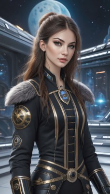 1girl,solo,long hair,breasts,looking at viewer,brown hair,long sleeves,brown eyes,jewelry,closed mouth,jacket,earrings,outdoors,sky,belt,hair bun,lips,coat,fur trim,makeup,night,moon,brooch,star (sky),night sky,full moon,realistic,nose,medium breasts,standing,upper body,uniform,military,bodysuit,starry sky,fur collar