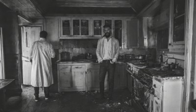 short hair,shirt,long sleeves,holding,standing,monochrome,greyscale,male focus,multiple boys,shoes,pants,indoors,2boys,from behind,coat,window,mask,door,tiles,facing away,tile floor,kitchen,horror (theme),sink,cabinet,stove,1boy,hat,table,suspenders,mouth mask,dark,doorway,doctor