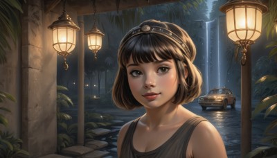 1girl,solo,breasts,looking at viewer,smile,short hair,bangs,brown hair,black hair,cleavage,bare shoulders,brown eyes,closed mouth,collarbone,upper body,hairband,outdoors,sleeveless,artist name,water,tree,lips,eyelashes,night,bob cut,tank top,plant,ground vehicle,nature,scenery,motor vehicle,forest,reflection,lantern,realistic,nose,car,light,lamppost,blunt bangs,leaf,fireflies