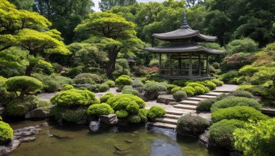 outdoors,day,water,tree,no humans,grass,building,nature,scenery,forest,rock,stairs,road,bush,architecture,east asian architecture,river,shrine,path,moss,stone,pond,stone lantern,real world location,plant