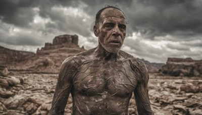 solo,looking at viewer,1boy,closed mouth,monochrome,upper body,male focus,outdoors,sky,cloud,blurry,blurry background,facial hair,cloudy sky,realistic,rock,mustache,bald,old,sepia,old man,statue,brown theme,grey sky,wrinkled skin