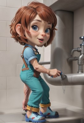 1girl,solo,looking at viewer,smile,short hair,open mouth,blue eyes,brown hair,shirt,holding,jewelry,standing,full body,short sleeves,earrings,parted lips,shoes,indoors,water,lips,wet,loli,blue shirt,sneakers,child,freckles,blue footwear,female child,overalls,faucet,blue overalls,blush,veins,realistic,nose,dirty,dirty face,dirty clothes