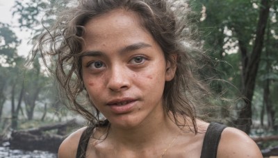 1girl,solo,looking at viewer,smile,brown hair,brown eyes,jewelry,outdoors,parted lips,teeth,necklace,mole,blurry,tree,lips,blood,tank top,messy hair,portrait,freckles,realistic,nose,bare shoulders,day,depth of field,blurry background,backpack,wind,nature,close-up,forest,blood on face,dirty,dirty face,mole on cheek