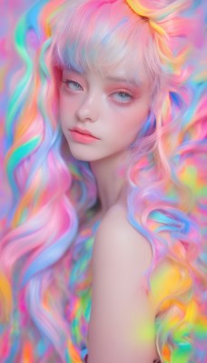 1girl,solo,long hair,looking at viewer,bangs,blue eyes,bare shoulders,closed mouth,blue hair,upper body,pink hair,nude,multicolored hair,artist name,from side,lips,grey eyes,eyelashes,makeup,watermark,realistic,nose,colorful,white hair,gradient hair,freckles,pink lips,rainbow hair