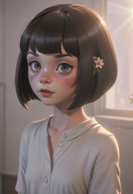 1girl,solo,looking at viewer,blush,short hair,bangs,brown hair,shirt,black hair,hair ornament,brown eyes,collarbone,white shirt,upper body,flower,short sleeves,small breasts,parted lips,collared shirt,artist name,indoors,hair flower,blunt bangs,blurry,lips,eyelashes,window,dress shirt,buttons,blurry background,sunlight,bob cut,pink flower,backlighting,freckles,nose