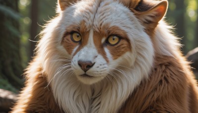 solo,looking at viewer,closed mouth,yellow eyes,outdoors,blurry,no humans,depth of field,blurry background,animal,cat,portrait,nature,close-up,realistic,animal focus,whiskers,sunlight,forest