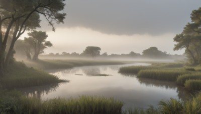 outdoors,sky,day,cloud,water,tree,no humans,cloudy sky,grass,nature,scenery,forest,reflection,mountain,river,landscape,lake,fog,plant,reflective water