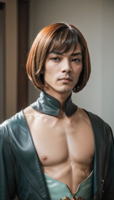 solo,looking at viewer,short hair,bangs,brown hair,1boy,brown eyes,closed mouth,nipples,upper body,male focus,open clothes,indoors,blurry,black eyes,lips,muscular,blurry background,facial hair,thick eyebrows,pectorals,realistic,nose,bare pectorals,shirt,collarbone,manly,chest hair,pectoral cleavage