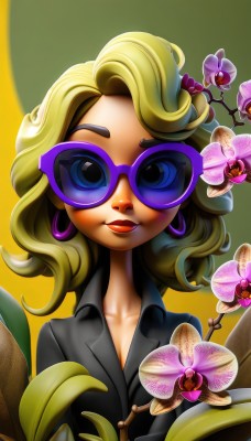 1girl,solo,looking at viewer,smile,open mouth,blue eyes,blonde hair,shirt,jewelry,collarbone,upper body,flower,earrings,glasses,lips,black shirt,makeup,leaf,formal,sunglasses,suit,plant,lipstick,hoop earrings,tinted eyewear,long hair,breasts,short hair,cleavage,curly hair