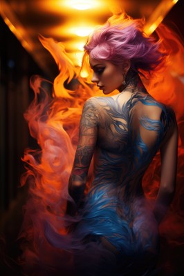 1girl,solo,short hair,blue eyes,jewelry,standing,closed eyes,pink hair,ass,nude,cowboy shot,earrings,choker,looking back,dark skin,from behind,dark-skinned female,lips,tattoo,profile,makeup,back,fire,realistic,nose,back tattoo,full-body tattoo,eyelashes