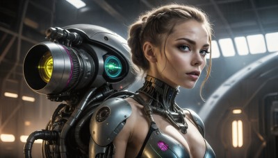 HQ,1girl,solo,breasts,looking at viewer,short hair,blue eyes,blonde hair,brown hair,cleavage,medium breasts,swimsuit,upper body,bikini,parted lips,armor,blurry,lips,makeup,robot,science fiction,realistic,nose,cable,large breasts,indoors,eyelashes,bikini top only,eyeshadow,machinery,cyborg,dirty,cyberpunk