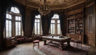 day,indoors,cup,book,no humans,window,shadow,chair,table,sunlight,curtains,scenery,couch,wooden floor,bookshelf,lamp,candle,stool,shelf,book stack,painting (object),carpet,candlestand,rug,chandelier,wooden table,canopy bed,cabinet