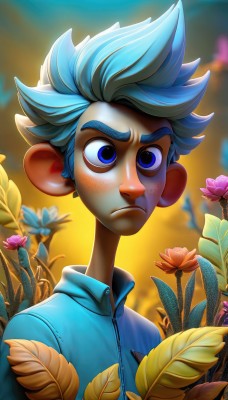 solo,short hair,blue eyes,shirt,1boy,closed mouth,blue hair,upper body,flower,male focus,outdoors,sky,collared shirt,artist name,blurry,blurry background,frown,leaf,blue shirt,spiked hair,child,freckles,male child,jacket,watermark,web address,pink flower,zipper