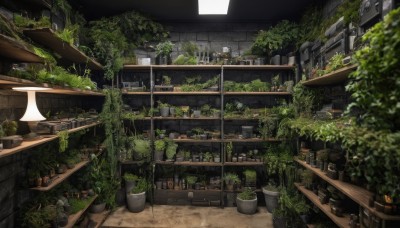 indoors,blurry,no humans,window,depth of field,bottle,plant,scenery,potted plant,vines,shelf,kitchen,shop,barrel,overgrown,outdoors,tree,building