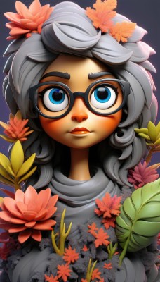 1girl,solo,long hair,looking at viewer,blush,blue eyes,hair ornament,upper body,flower,grey hair,glasses,hair flower,sweater,dark-skinned female,lips,eyelashes,makeup,leaf,lipstick,portrait,black-framed eyewear,nose,freckles,leaf on head