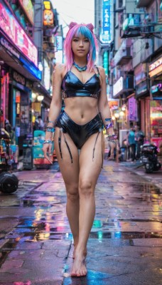 1girl,solo,long hair,breasts,looking at viewer,bangs,navel,cleavage,bare shoulders,jewelry,medium breasts,underwear,blue hair,standing,swimsuit,full body,pink hair,bikini,multicolored hair,outdoors,barefoot,solo focus,midriff,necklace,nail polish,bracelet,feet,two-tone hair,lips,crop top,legs,bare legs,tattoo,toes,ground vehicle,motor vehicle,reflection,walking,toenails,city,sign,realistic,toenail polish,car,road,navel piercing,street,cyberpunk,neon lights,bow,animal ears,hair bow,parted lips,blurry,night,blurry background,black bikini,thigh gap,ring,building,rain,beads,cigarette