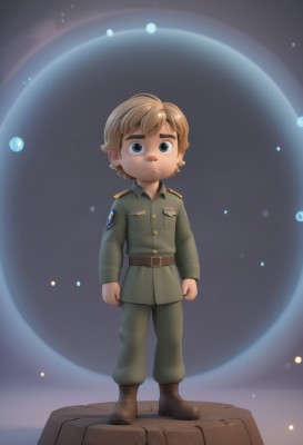 solo,looking at viewer,short hair,blue eyes,blonde hair,brown hair,long sleeves,1boy,closed mouth,standing,jacket,full body,male focus,boots,belt,pants,artist name,uniform,black eyes,military,military uniform,brown footwear,thick eyebrows,looking up,clenched hands,green jacket,space,male child,green pants,signature,epaulettes,military jacket