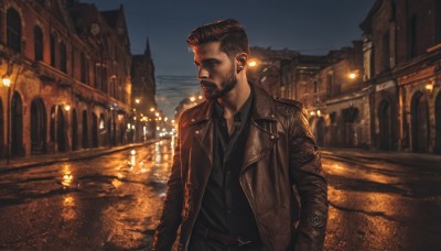 solo,short hair,brown hair,shirt,black hair,long sleeves,1boy,closed mouth,jacket,upper body,male focus,outdoors,open clothes,sky,collared shirt,belt,pants,open jacket,looking to the side,black shirt,night,facial hair,building,night sky,beard,brown jacket,city,realistic,road,leather,undercut,street,leather jacket,blurry,vest,black jacket,hand in pocket,black vest,hands in pockets,lamppost,city lights