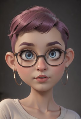 1girl,solo,looking at viewer,short hair,blue eyes,simple background,brown hair,shirt,jewelry,collarbone,white shirt,pink hair,purple hair,earrings,parted lips,glasses,teeth,lips,eyelashes,makeup,thick eyebrows,black background,portrait,freckles,black-framed eyewear,hoop earrings,realistic,nose,round eyewear,undercut,mascara,bangs,upper body,artist name,signature,watermark,pink lips,very short hair,brown-framed eyewear