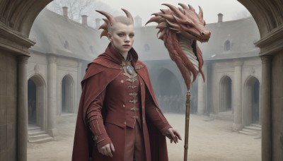 1girl,solo,looking at viewer,long sleeves,1boy,holding,jewelry,closed mouth,standing,male focus,outdoors,horns,pants,cape,tree,makeup,staff,building,cloak,realistic,fantasy,holding staff,dragon,red cape,red lips,bald,statue,red cloak,red hair,monster